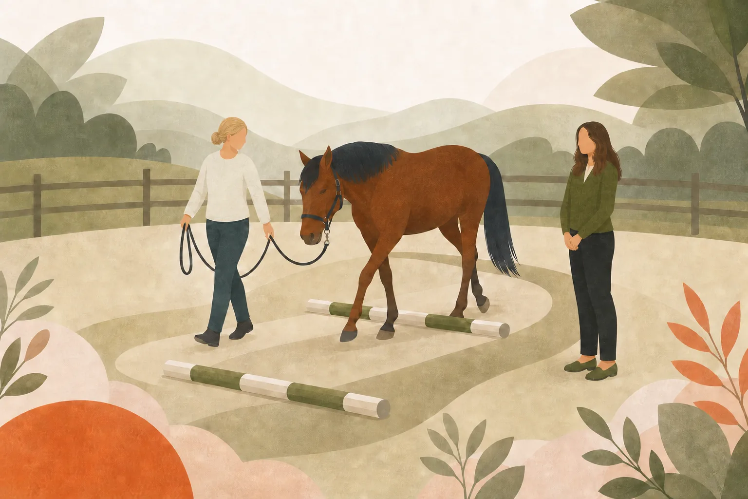 Abstracte illustratie van een begeleide grondoefening met een paard