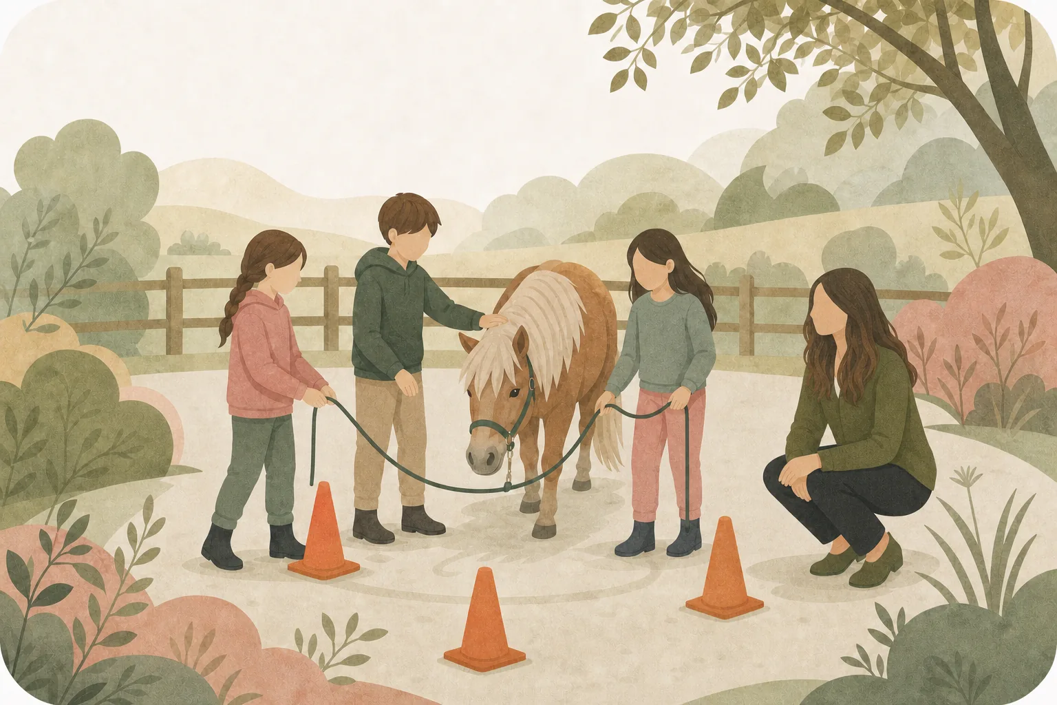 Abstracte illustratie van kinderen die samenwerken tijdens een oefening met een pony